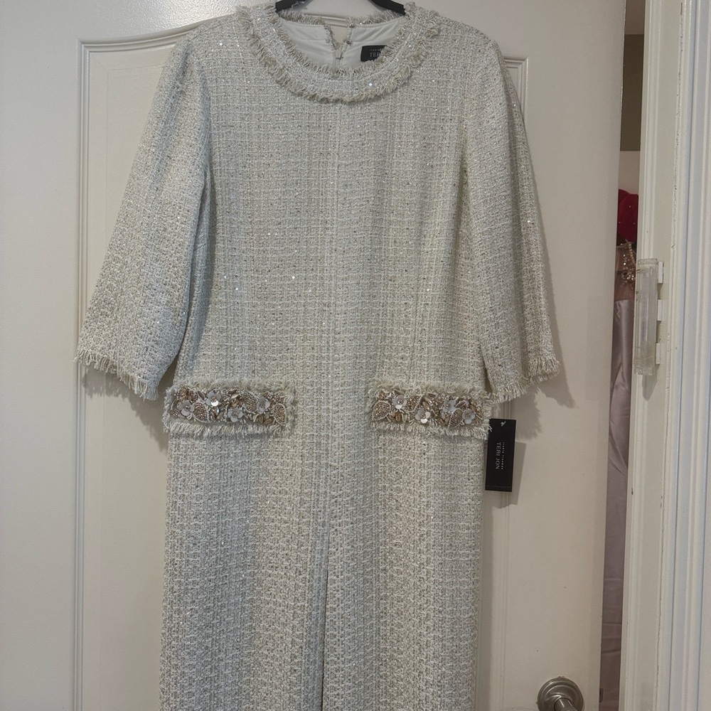 Teri Jon Silver Tweed 3/4 Sleeve Dress